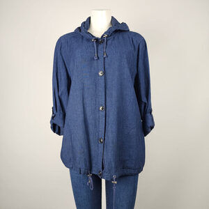Liz Claiborne Blue Linen Button Up Hooded Top Size L